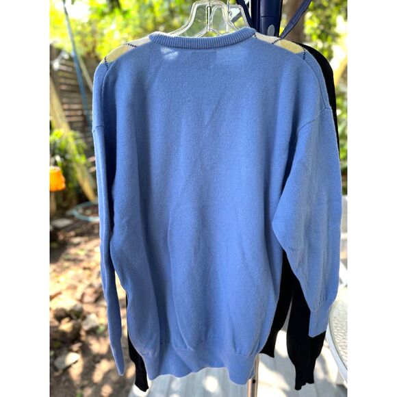 VTG Clan Royal Edinburgh Wool Blue Yellow Grey Argyle VNeck LS Sweater SZ EU 46 - Picture 7 of 7